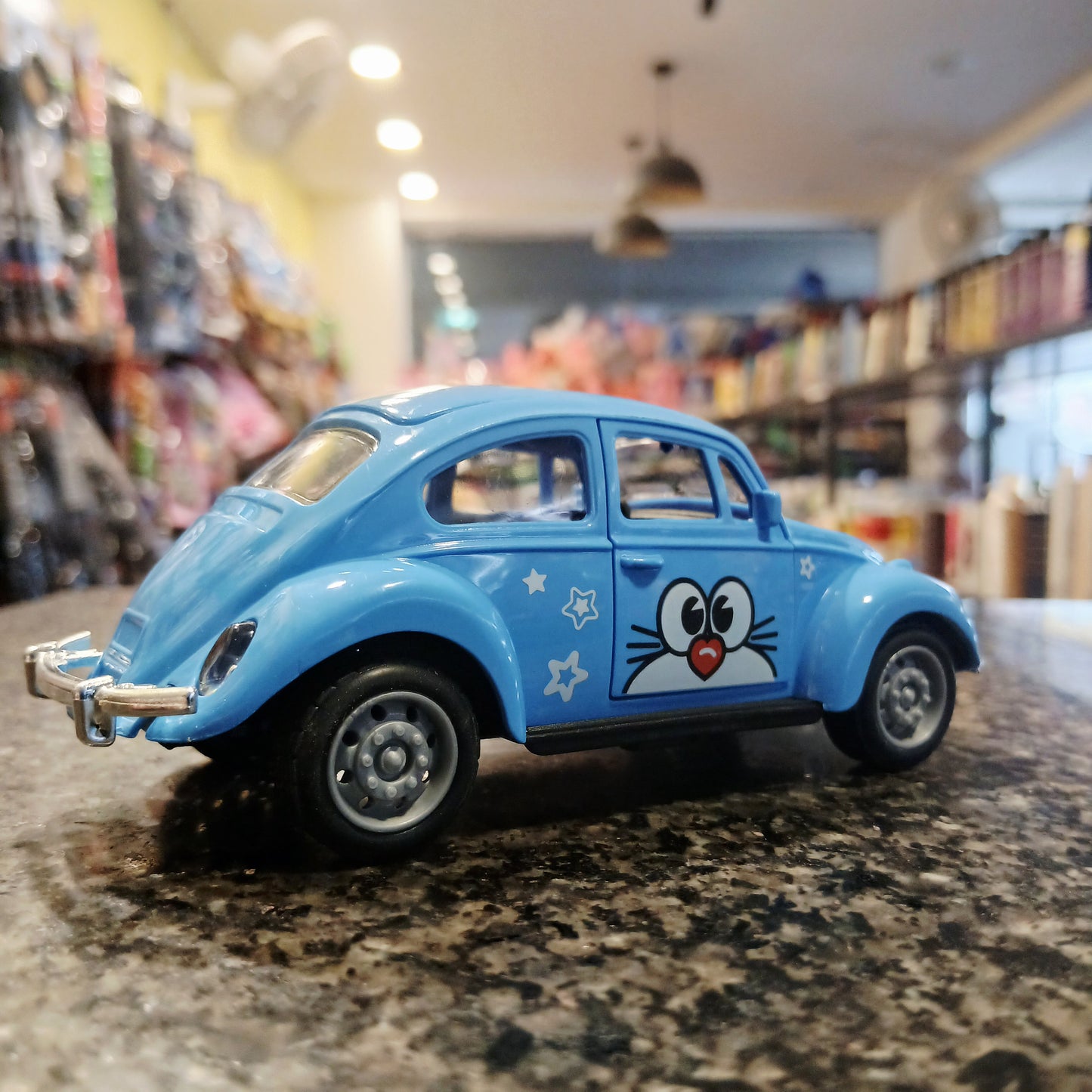 Cartoon Style Beetle Toy Car – Blue with Opening Doors & Funny Eyes