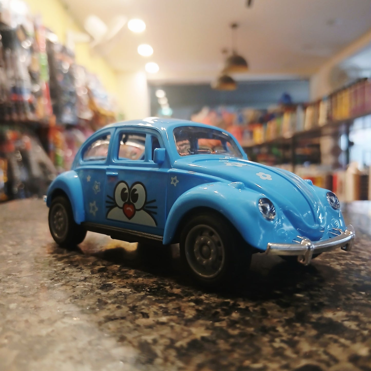 Cartoon Style Beetle Toy Car – Blue with Opening Doors & Funny Eyes