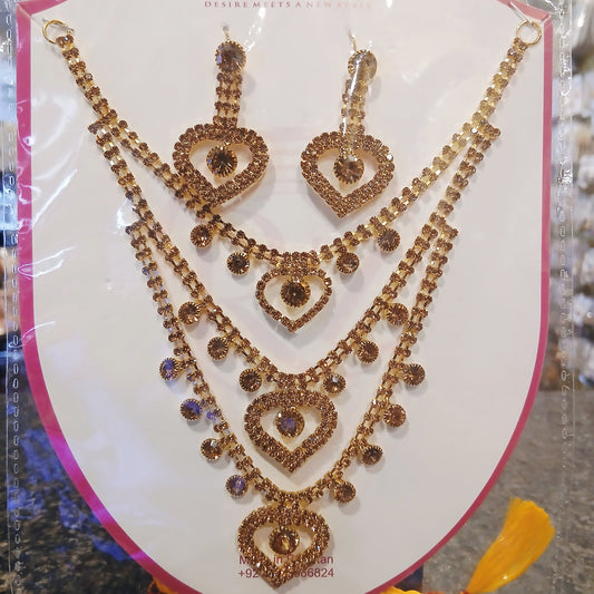 Golden Triple-Layered Necklace with Earrings Set – Luxurious Bridal & Party Jewelry