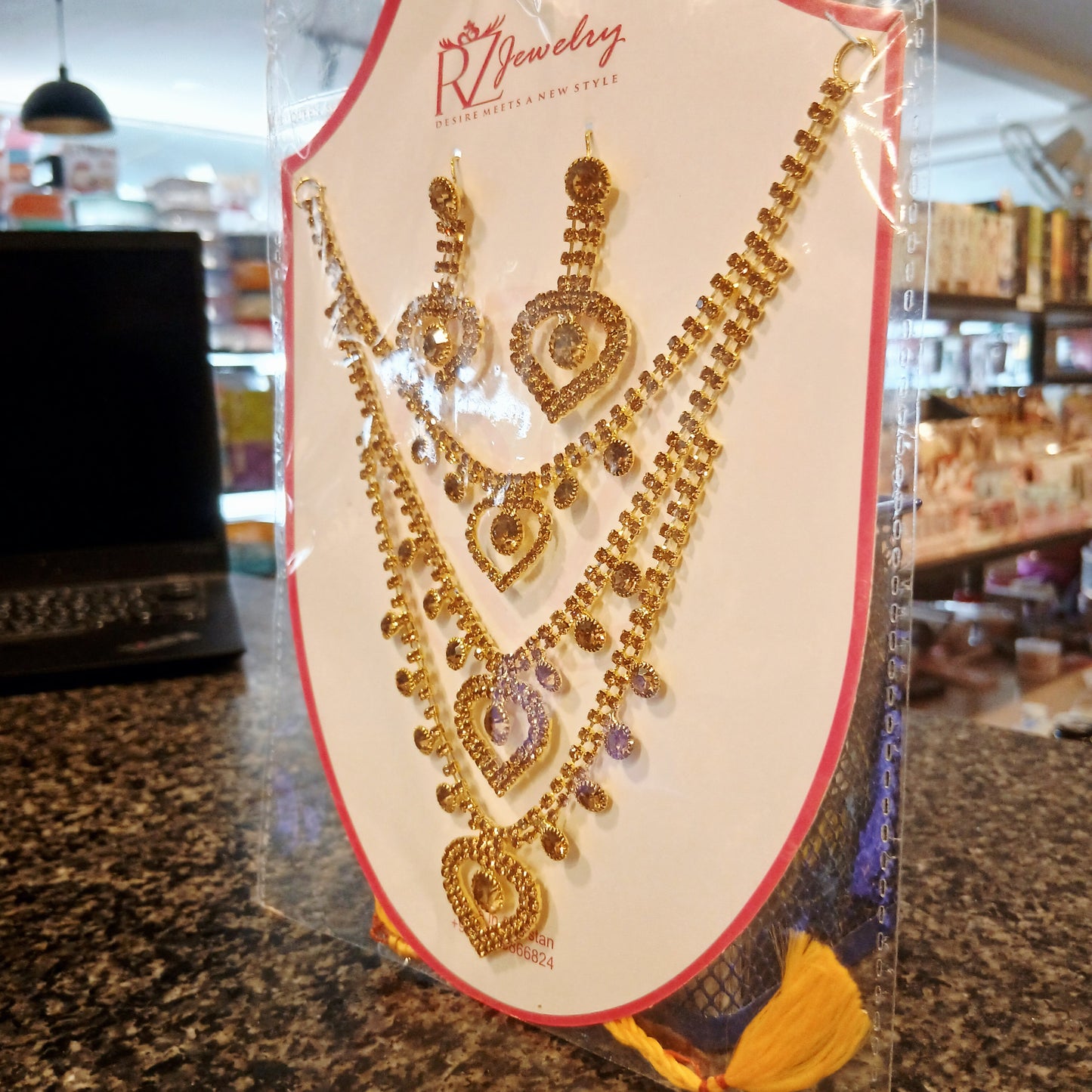 Golden Triple-Layered Necklace with Earrings Set – Luxurious Bridal & Party Jewelry