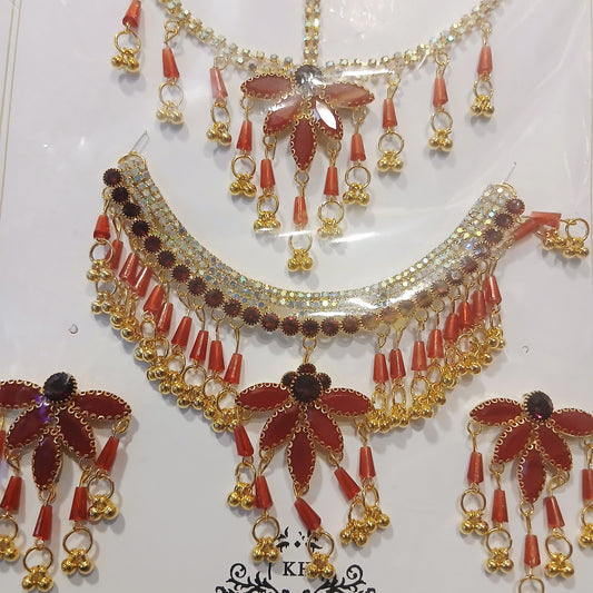 Rich Maroon Pearl Jewelry Set - Elegant Necklace, Bindia & Earrings Collection