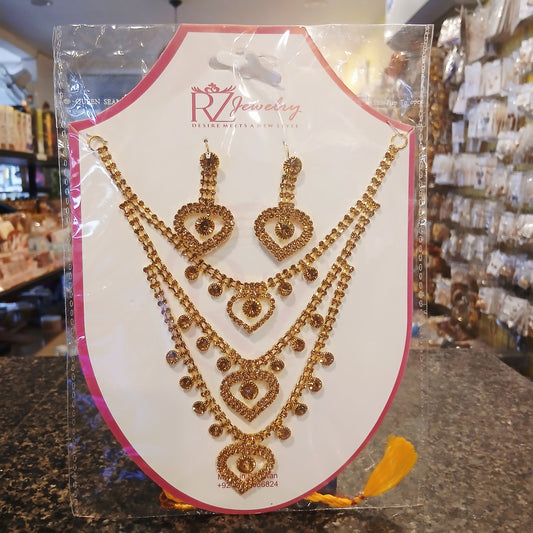 Golden Triple-Layered Necklace with Earrings Set – Luxurious Bridal & Party Jewelry