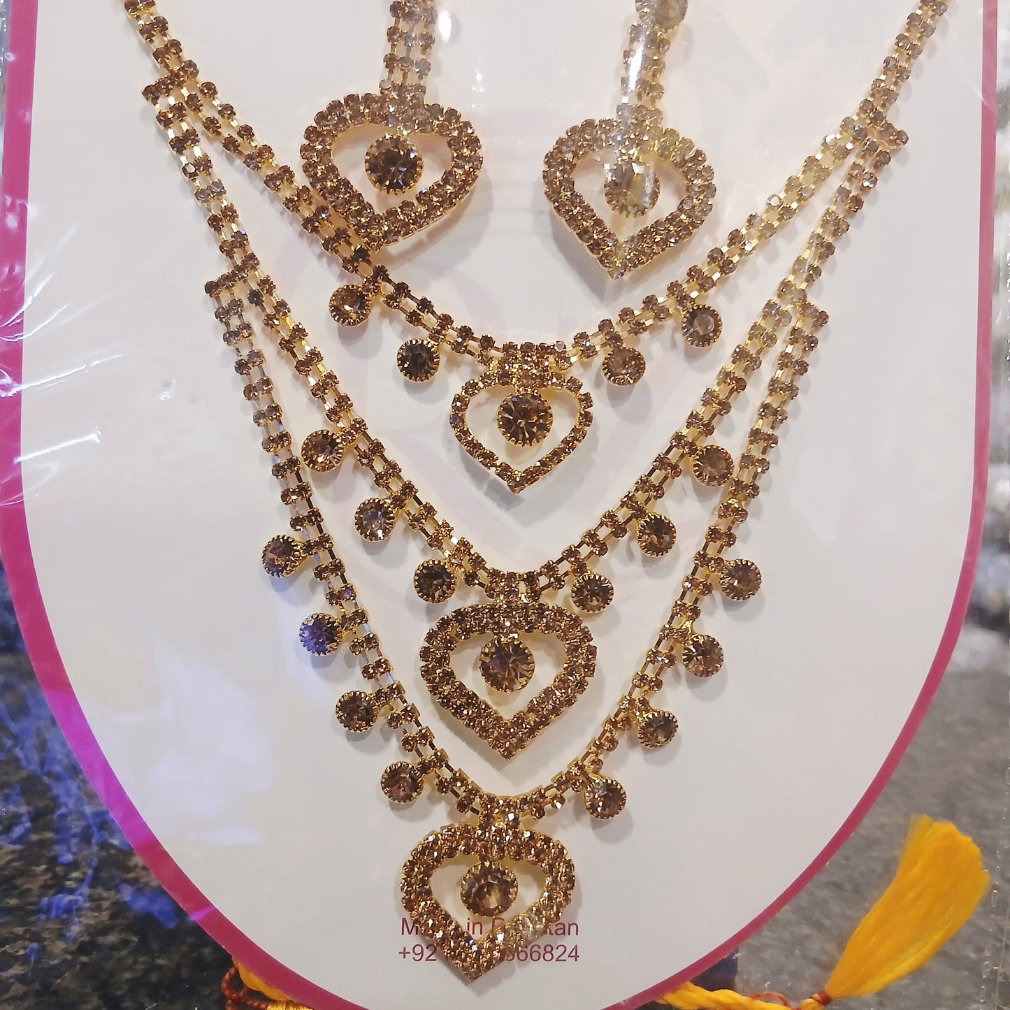 Golden Triple-Layered Necklace with Earrings Set – Luxurious Bridal & Party Jewelry