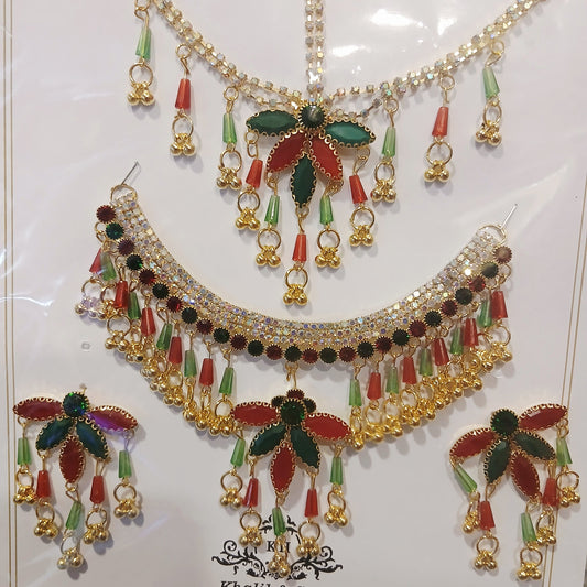 Royal Maroon & Emerald Pearl Set – Elegant Necklace, Bindiya & Earrings for Women