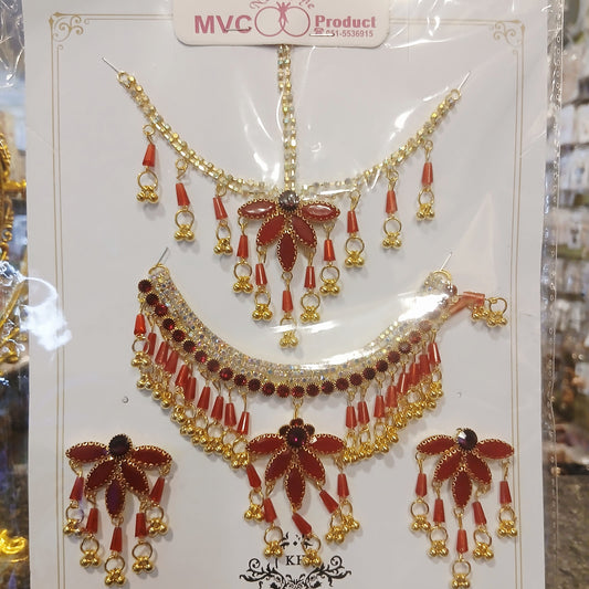 Rich Maroon Pearl Jewelry Set - Elegant Necklace, Bindia & Earrings Collection