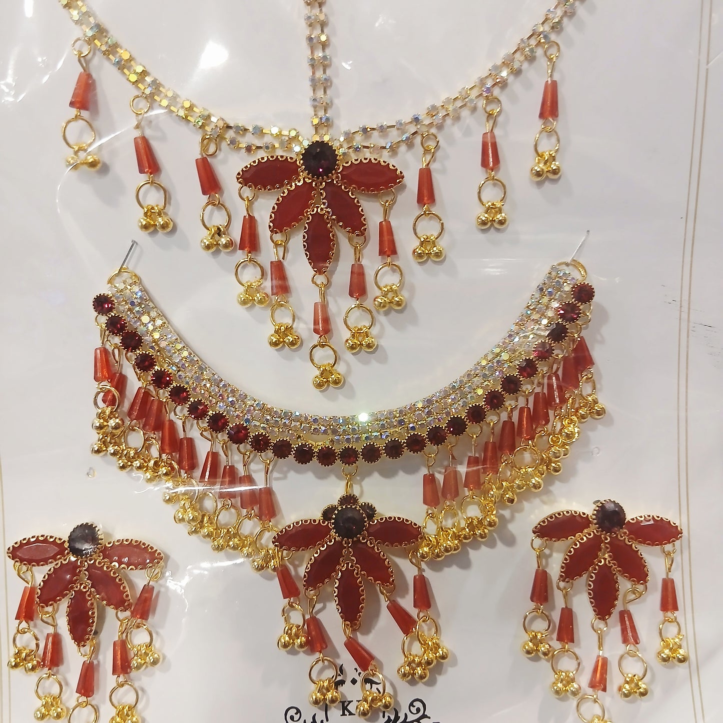 Rich Maroon Pearl Jewelry Set - Elegant Necklace, Bindia & Earrings Collection