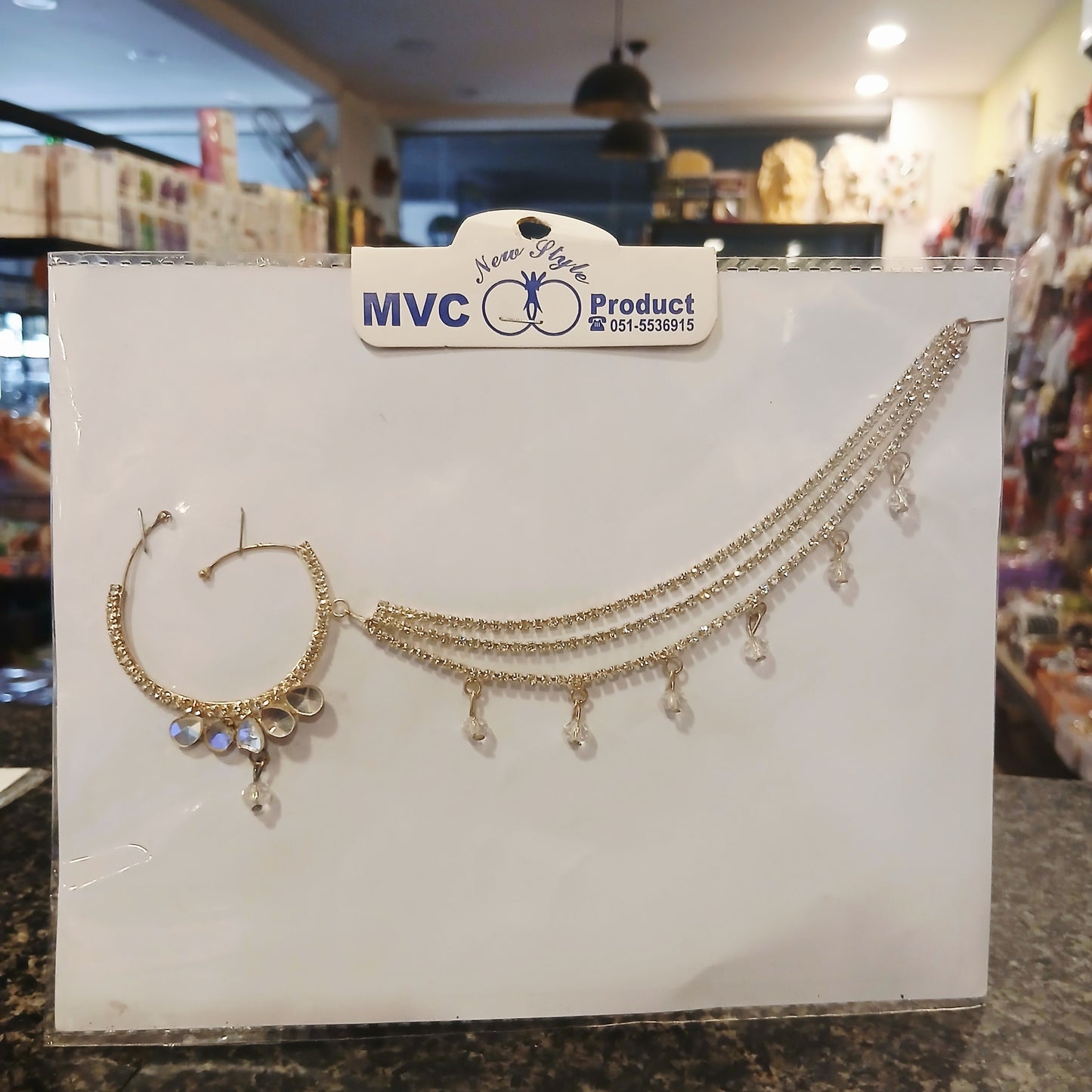 Bridal Nath with Chain – Silver Finish Nose Ring with Crystal Beads