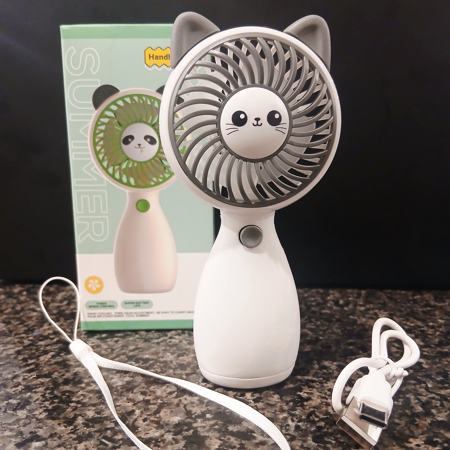 Kawaii Cat Head Mini Fan – USB Rechargeable Cute Portable Fan | 3 Speeds, LED Light, Built-in Battery | Adorable Handheld Fan for Girls, Kids, Travel & Home (Smart Cart Pakistan)