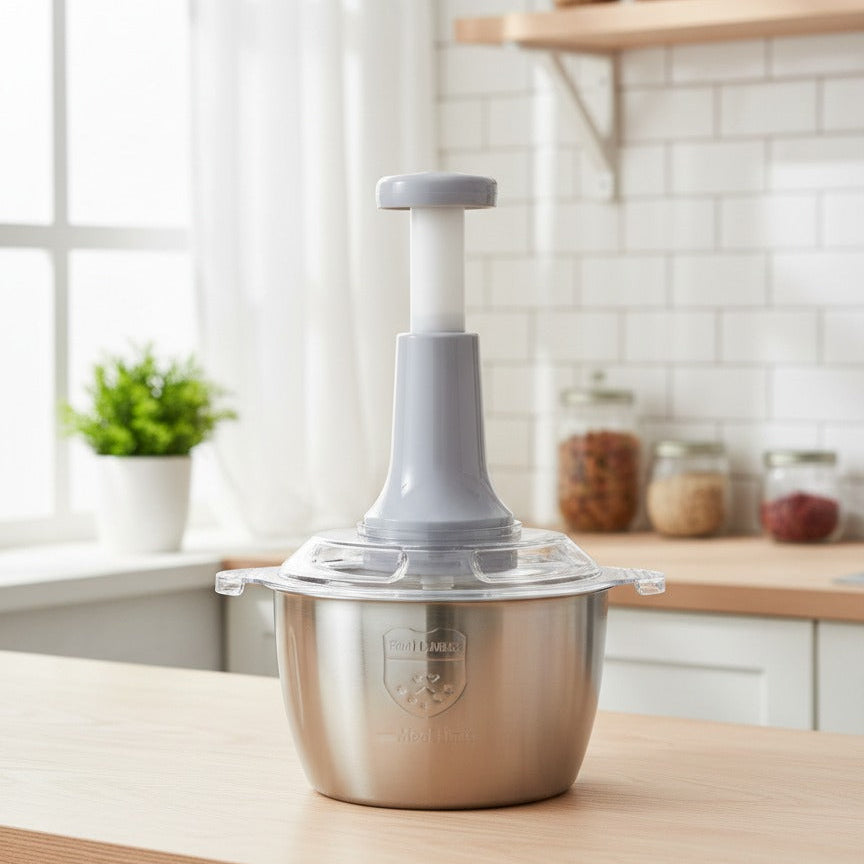 Kitchen blender on a wooden countertop with a kitchen background
