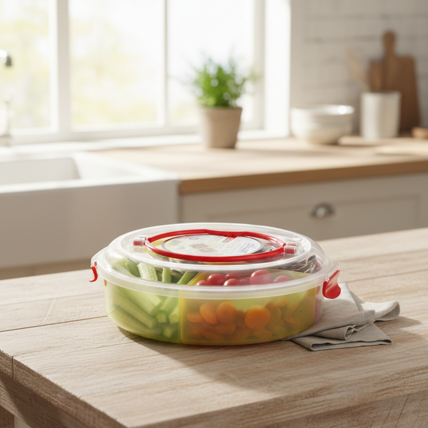 Clear plastic container with red lid on a wooden table in a kitchen
