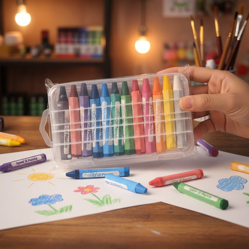 Hand holding a set of colorful crayons with a drawing of flowers on paper in the background.