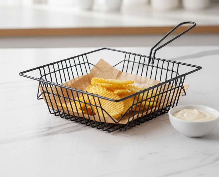 Black wire basket with chips on a white surface