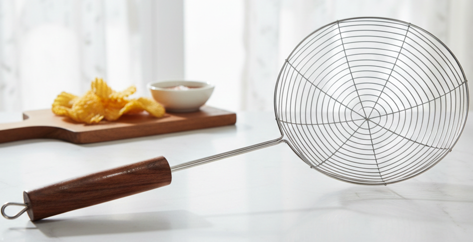 Metal skimmer with wooden handle on a white surface with blurred background