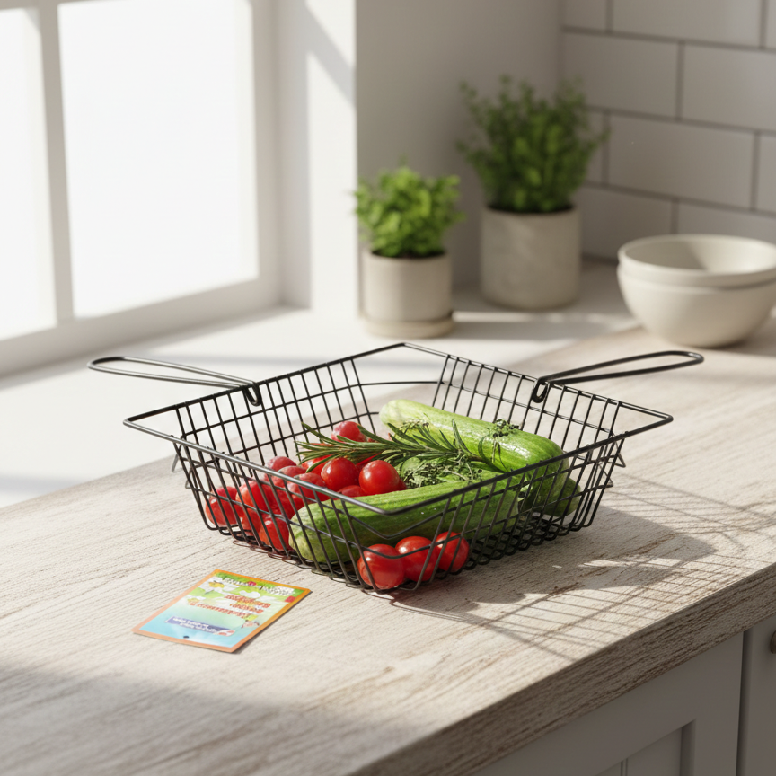 Wire fruit basket with vegetables on a kitchen counter with a window in the background