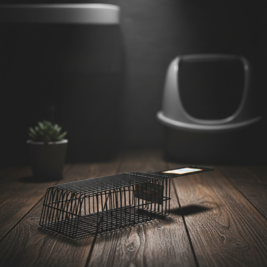 Small metal trap on a wooden surface with a dark background