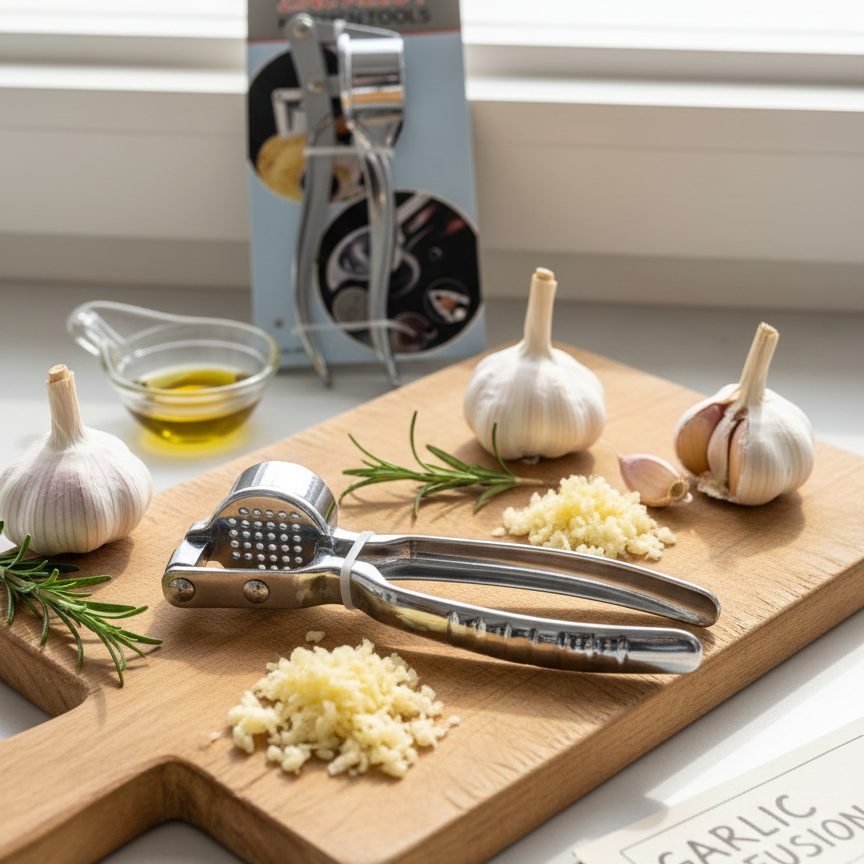 Garlic press on a wooden cutting board with garlic bulbs and a small container of oil.