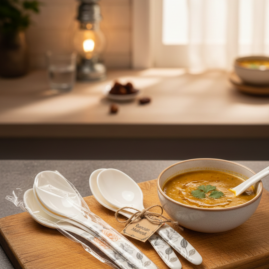 Bowl of soup with spoons on a wooden board in a cozy setting