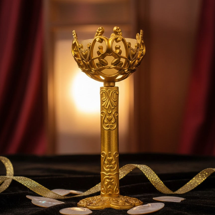 Decorative gold object with intricate designs on a dark surface with red curtains in the background.