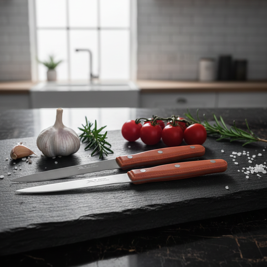 Two knives on a dark surface with tomatoes, garlic, and rosemary in a kitchen setting.