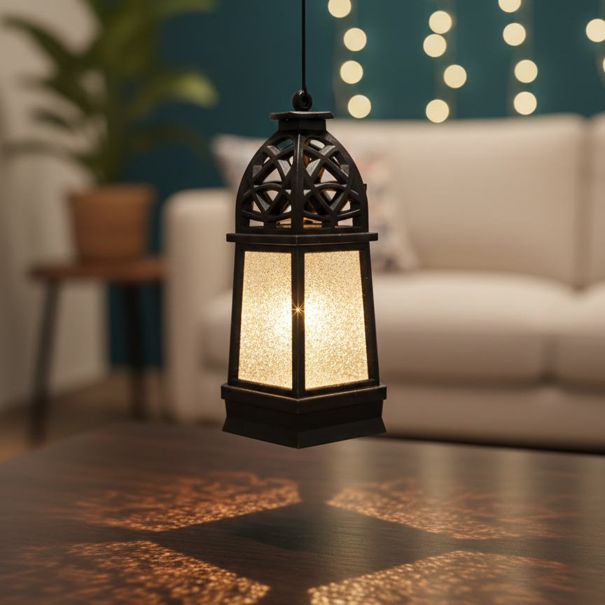 Decorative lantern casting a warm glow on a table with a blurred indoor background