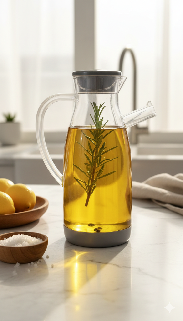 Glass carafe with olive oil and rosemary on a kitchen counter
