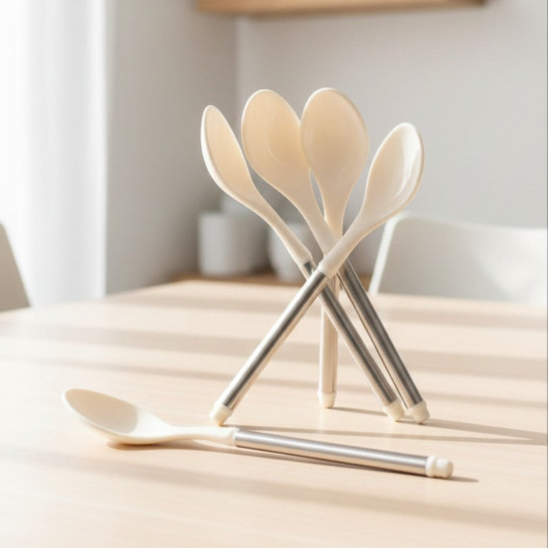 Set of wooden spoons on a wooden surface with a neutral background