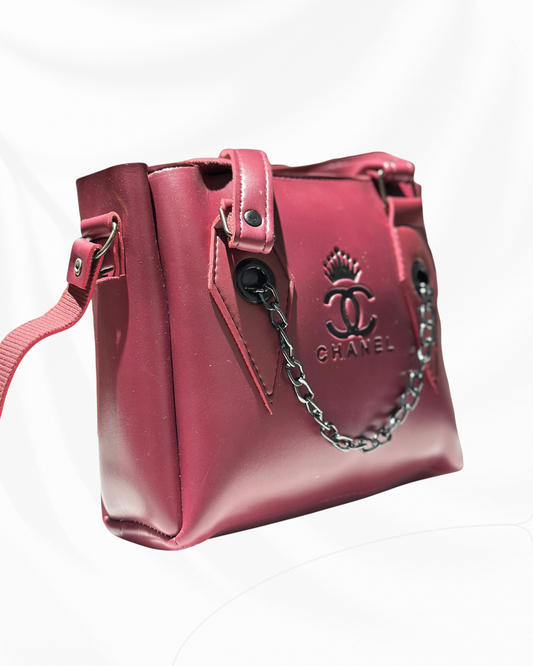 Elegant Maroon Handbag with Chain Strap & Logo Detail