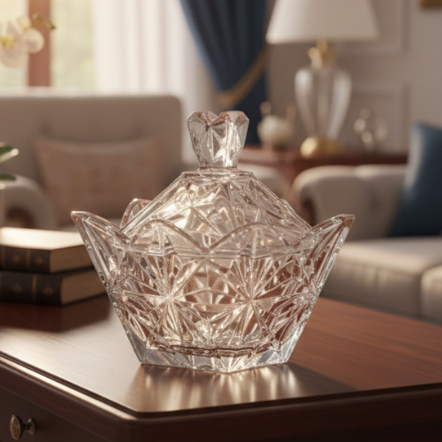 Artisan Geometric Crystal Candy Dish with Faceted Lid
