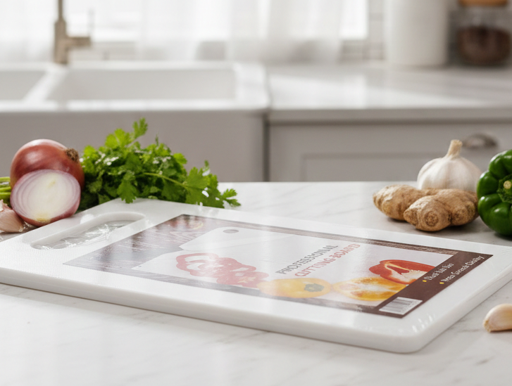kitchen counter with a magazine cover displayed, surrounded by vegetables.