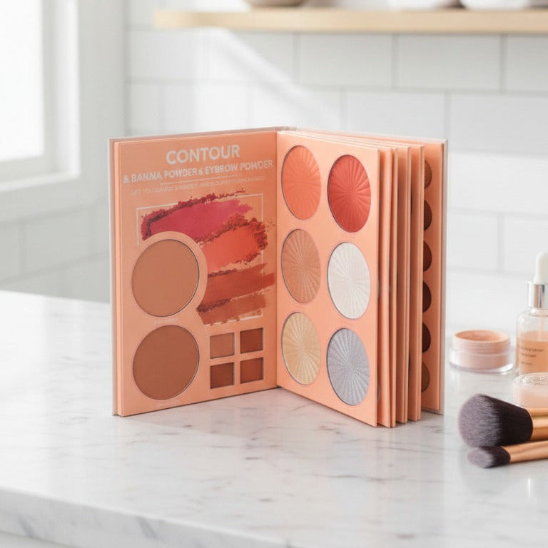 Makeup palette on a marble surface with a neutral background