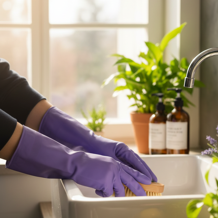 Person wearing purple gloves cleaning a sink with a scrubber, surrounded by plants and bottles.