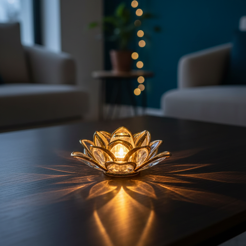 Decorative lotus-shaped candle holder on a reflective surface with blurred indoor background