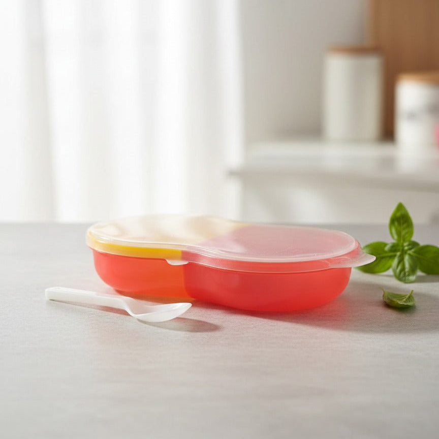 Colorful plastic container on a white surface with a blurred background