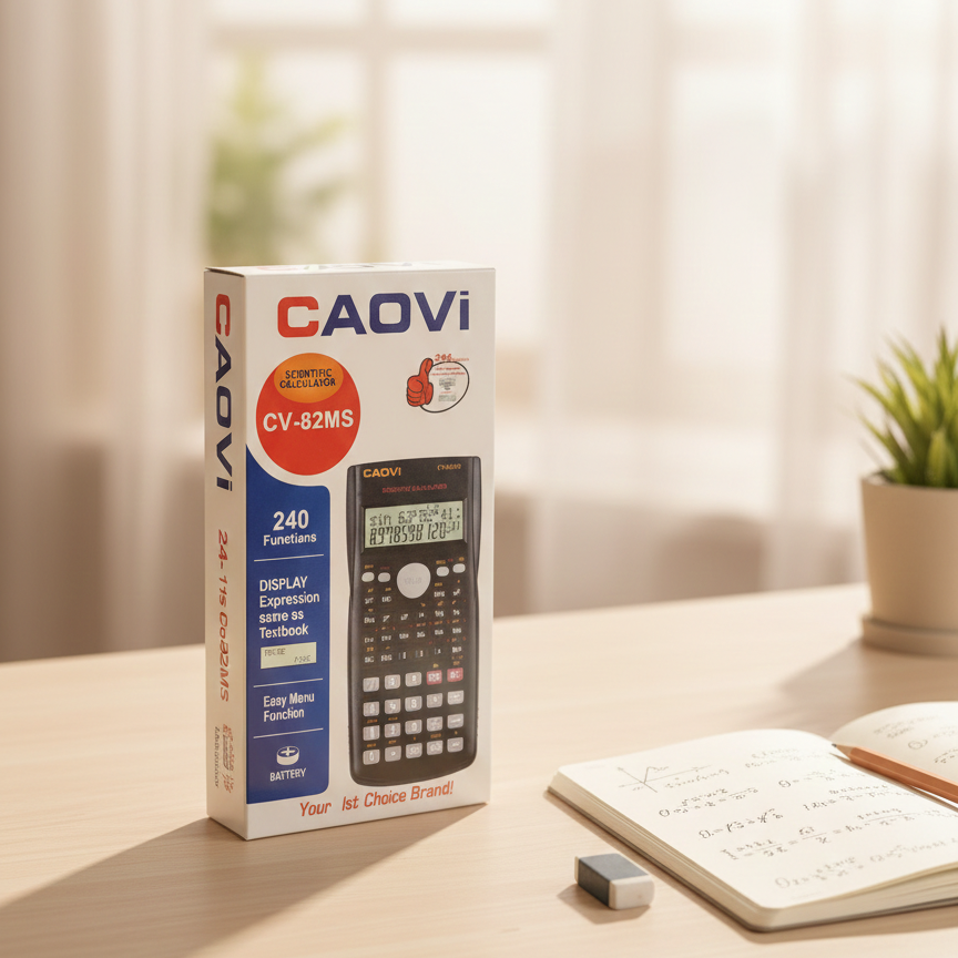 CAOVI calculator and packaging on a desk with a notebook and plant in the background