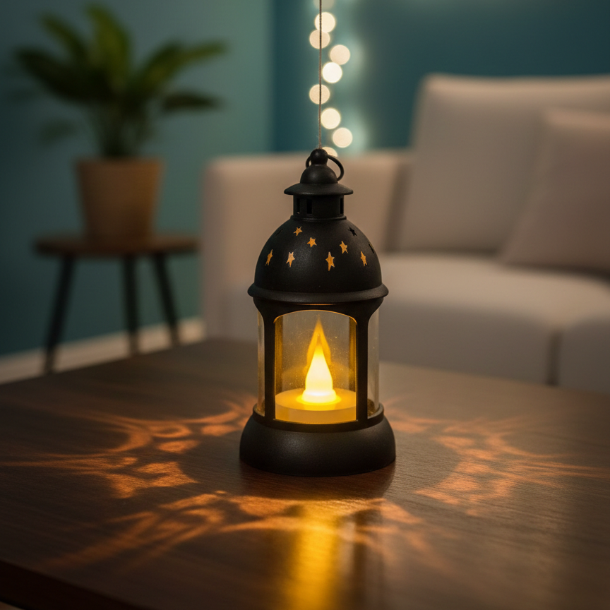 Decorative lantern with a candle on a table in a cozy living room with string lights.